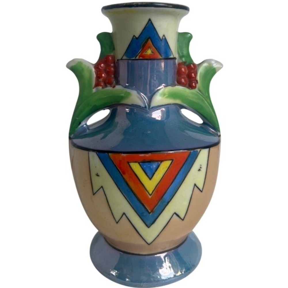 Lusterware Japanese Ceramic Vase Abstract Design Red Berry Accents Hand‎ Painted